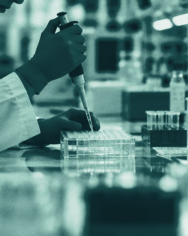 A technician pipetting samples into a microplate